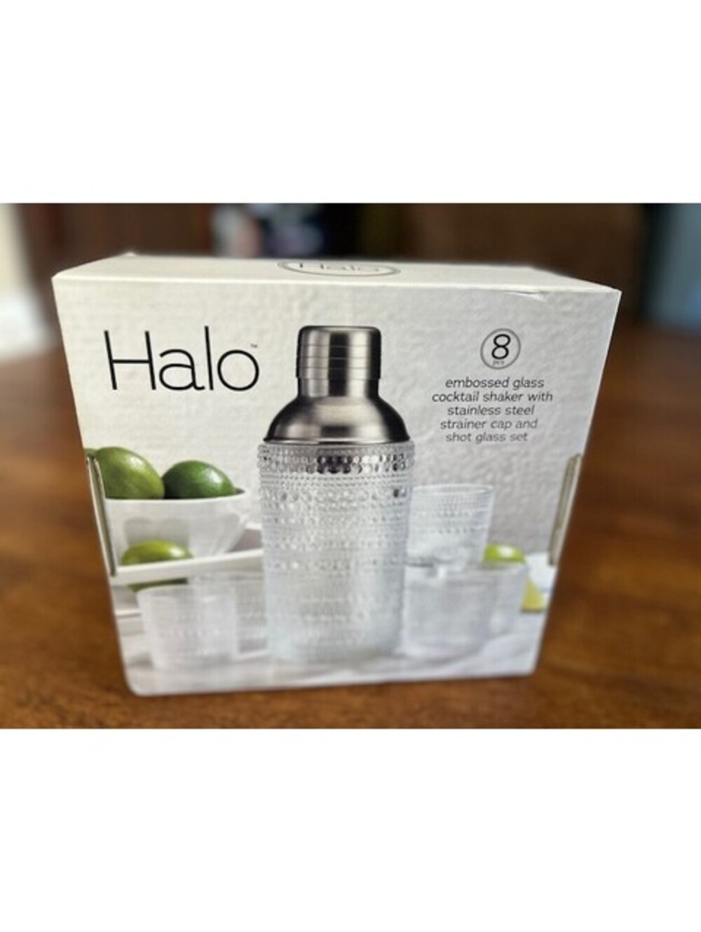 Halo Embossed Glass Cocktail Shaker Set Stainless Steel Strainer Cap 6-Glasses